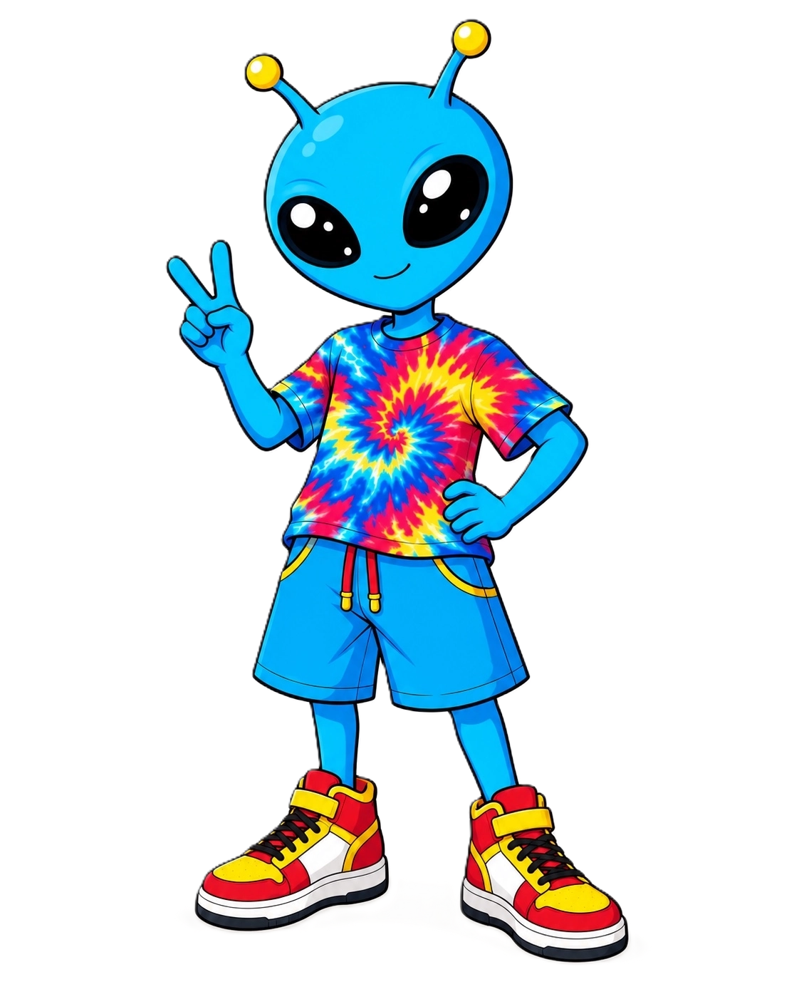 Chromie, the blue Dye Diff'rnt mascot, giving a peace sign
